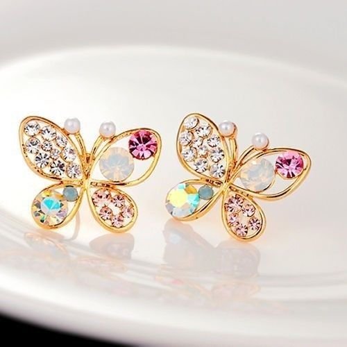 paweena 1 Pair Ladies Chic Lovely Crystal Rhinestone Hollow Butterfly Ear Stud Earrings