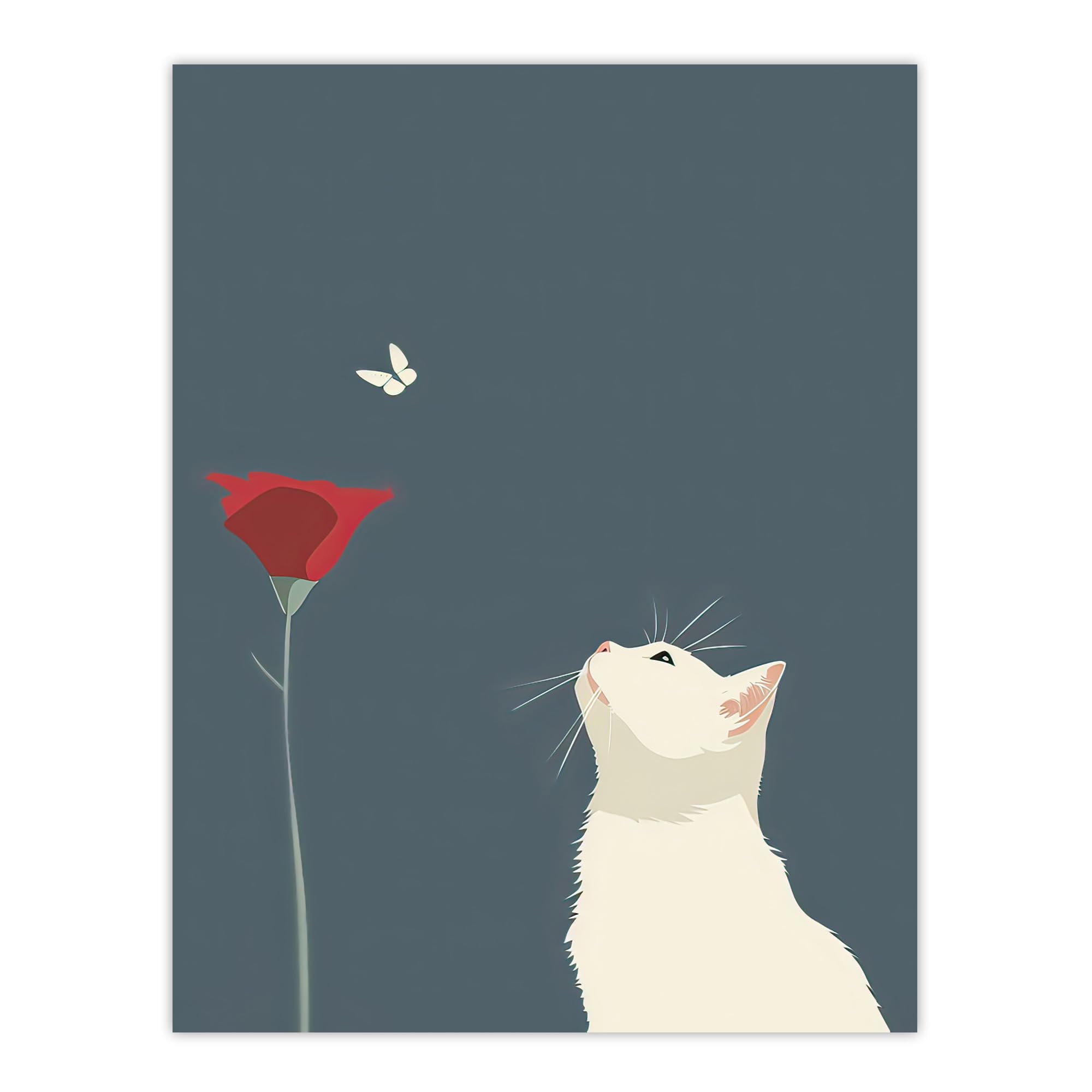 Artery8 Wall Art Print - Tulip Flower & Butterfly Cat Lover Design - Grey - W18" x H24"