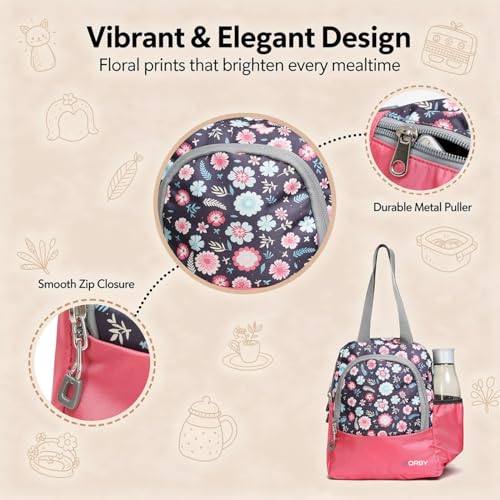 Image of ORBY Lunch Bag Flower Leaf Pink| Water-Repellent Durable Fabric | Tiffin Bag with Bottle Holder & Front Pocket | Strong Zipper & Spacious Meal Storage (Floral Leaf Pattern, Pink)