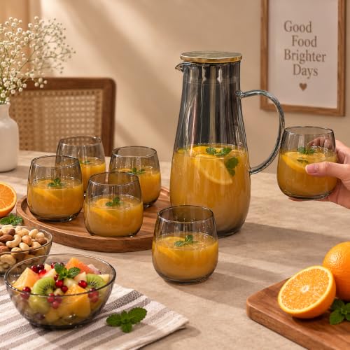 Image of bellemax 1.8 Litre Water Jug with Wooden Lid & 6 Black Juice Glasses Set | Premium Glass Water Jug Set for Home Kitchen | Juice, Water, Cold Drink Serving Set | Stylish Pitcher Set of 7 (BM-14)