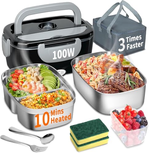 Fiambrera eléctrica con calefacción de 100 W, 3 en 1, de calentamiento rápido, portátil, para adultos, 12 V/24 V/220 V con 2 contenedores (individual y compartimento) para coche, camión, oficina (3
