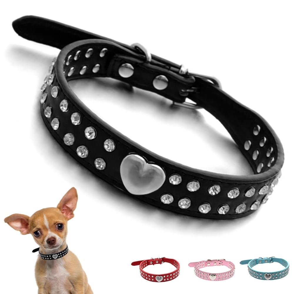 Black Bling Dog Collar for Small Dogs, Heart Rhinestone Puppy Collar Fancy Crystal Glitter Pretty Jewel Diamond Girl Dog Collars for XXS XS Small