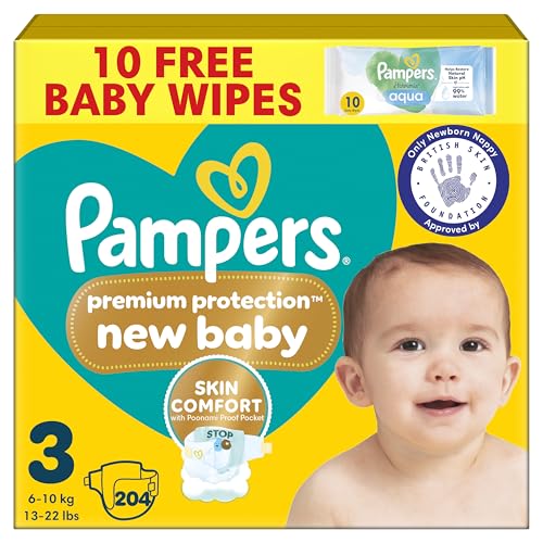 Pampers Premium Protection New Baby Size 3 204 Nappies 6kg-10kg Monthly Pack The Only Newborn Nappy Approved by British Skin Foundation