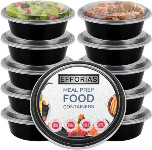 Efforias Round Plastic Meal Prep Containers (10 Pack, 24oz) - Reusable BPA Free Food Containers with Airtight Lids - Microwavable, Freezer and Dishwasher Safe