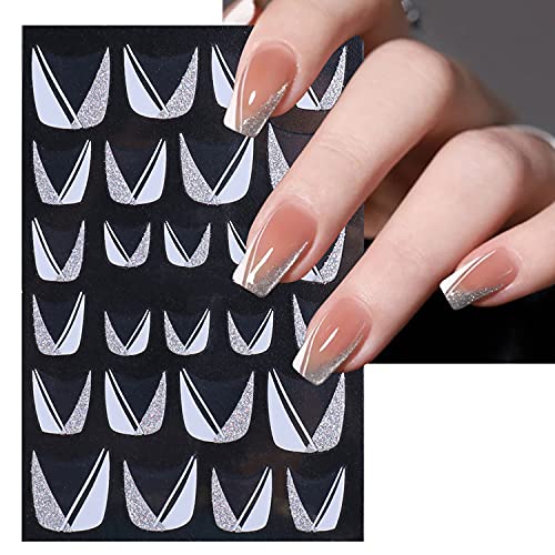 Nail Art Stickers Decals Nail Art Supplies 3D V-Shaped Black White Checkerboard Stickers Flame Moon Nail Sliders Fall Winter Manicure Polish French Decals