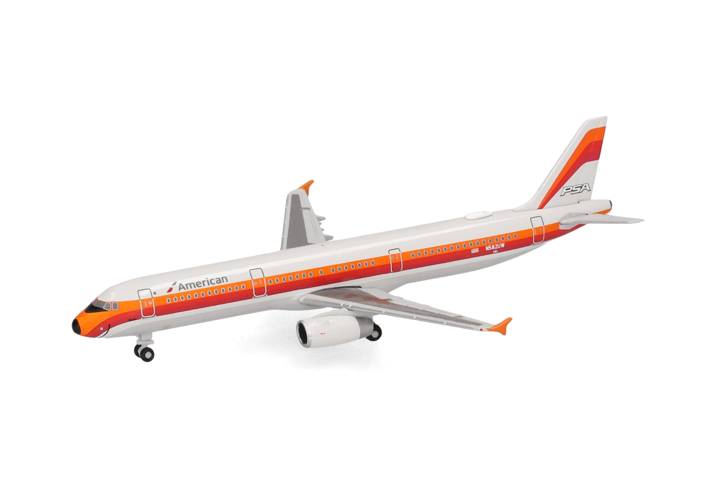 Herpa model samolotu American Airlines Airbus A321 – malowanie historyczne PSA, miniatura w skali 1:500, kolekcjonerska, model samolotu bez podstawki, metal