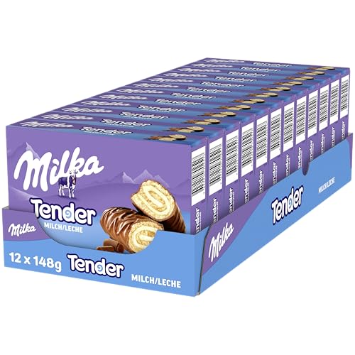 Milka Tender Barritas de Bizcocho, Relleno con Leche y Cubierto de Chocolate con Leche de los Alpes, 4 Barritas, 37g - Pack de 12
