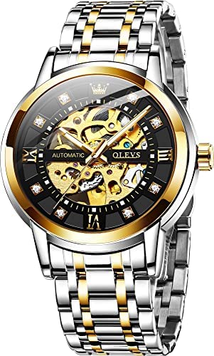 OLEVS Gold Skeleton Men's Automatic Mechanical Watches self Winding Luxury Dress Shiny Diamond Stainess Steel Waterproof Luminous Wrist Watches