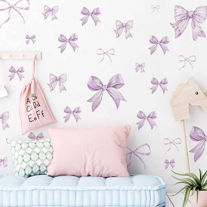 Purple Bowknot Aesthetic Wall Stickers 6 Sheets Decor Wallpaper for Decoration Glass Doors Windows,DIY Living Room,Kitchen,Bathroom,Bedroom,Art Design Wall Decals for Adults