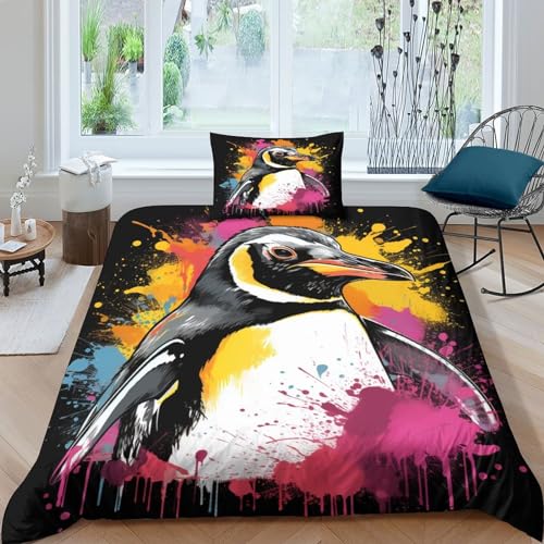 ESSAHI Pingouin coloré Housses De Couettes Parure De Lit -Lot De 3 - Impression 3D Animal Mignon Housse De Couette Microfibre avec Taies d'oreiller - pour...