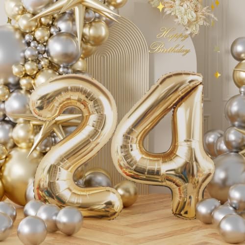 Image of AULE 40 Inch Large 24 Balloon Numbers Light Gold, Big Foil Number Balloons, Giant Helium 42 Happy Birthday Party Decorations for Man and Women, Huge Mylar Anniversary Party Supplies