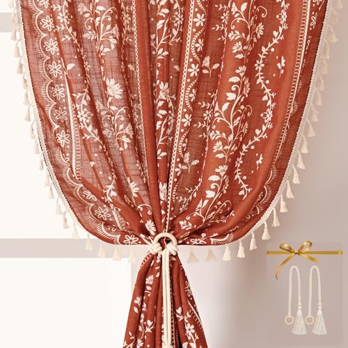 Image of Yinhua Boho Curtains for Living Room 63 Inch Length Vintage Linen Terracotta Curtains Light Filtering Floral Window Curtain Rod Pocket & Back Tabs Farmhouse Tassel Burnt Orange Drapes with Tiebacks