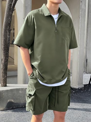 Verdusa Men's 2 Piece Outfits Half Zip Short Sleeve Pullover Shirt and Cargo Shorts with Pockets4