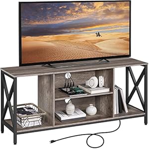 Yaheetech TV Stand for 65 Inch TV, Media Entertainment Center with Power Outlet for Living Room, Industrial TV Console with Side Shelves for PS Storage, Taupe Wood