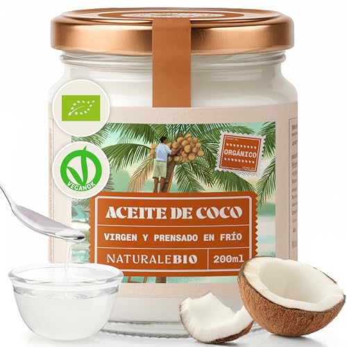 NaturaleBio Aceite de Coco Ecológico Virgen 200 ml. Crudo y prensado en frío. Orgánico y Natural. Aceite Bio Nativo no Refinado. País de Origen Sri Lanka.