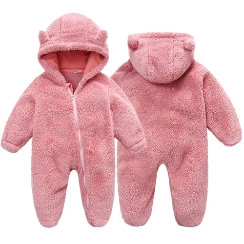 Image of BYFRI Baby Fluffy Onesies Infant Fleece Jumpsuits Cute Bear Hooded One Piece Outfit Newborn Snowsuit Footed Outerwear