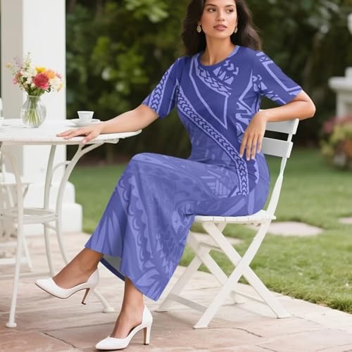 Image of Puletasi Samoan Traditional 2 Piece Outfits for Women Short Sleeve Crop Top and Maxi Skirt Sets Puletasi Dress