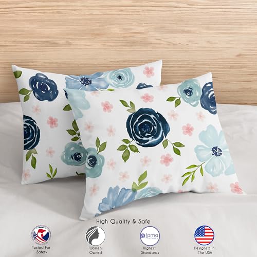 Image of Sweet Jojo Designs Navy Blue and Pink Watercolor Floral Girl Full /Queen Size Kid Childrens Bedding Comforter Set - 3 Pieces - Blush, Green and White Shabby Chic Rose Flower