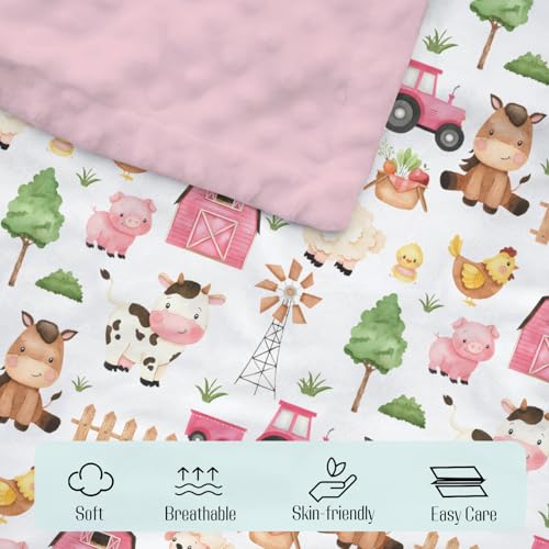 Image of Mink Baby Girl Blanket Farm Life Barn Animal Pink, Cow Horse Sheep Chicken Chick Pig Tractor Double Layer Dotted Backing Receiving Blankets Newborn Infant Toddler Nursery Crib Bedding 30 x 40