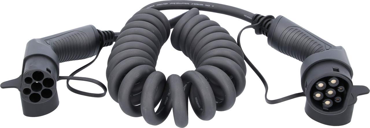 KS Tools 117.7385 Cable de carga en espiral efuturo, enchufe de tipo 2 a tipo 2, trifásico, hasta 22 kW, 32 A, 400 V, Modo 3, 5 metros