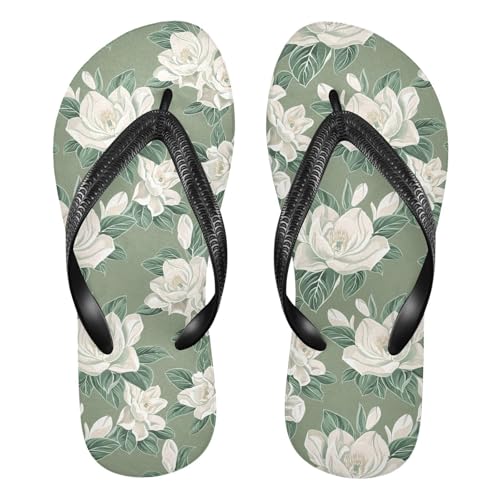 White Flower Leaves Flip Flops for Beach Thong Sandals Anti-slip Lightweight Shower Shoes for Indoor Outdoor House