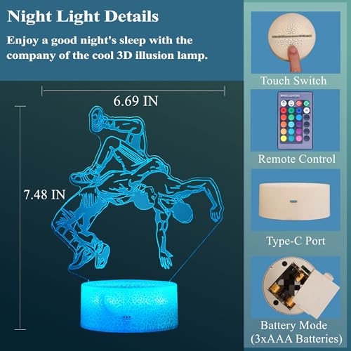 Image of Wrestling Night Light, Wrestler Gifts, Wrestler 3D Illusion Lamp with 16 Colors Changing, Remote Control and Dimmable, Kids Boys Girls Room Decoration, Holiday Xmas Gifts