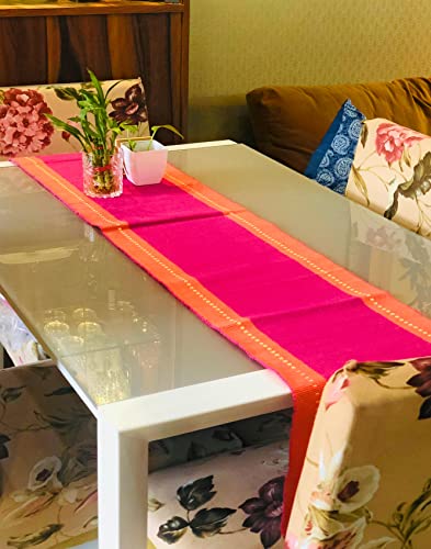 Image of RANGBHAR 6 Seater Dinning Table Runner, Ribbed Cotton Rectangular Shape Runner, 12 X 72 Inches, Washable And Double Sided, Pink Orange