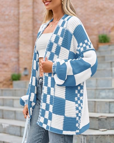 Image of BTFBM Casual Cardigan Sweater for Women Fall 2026 Long Sleeve Open Front Chunky Knit Sweaters Checkered Outwear Coat