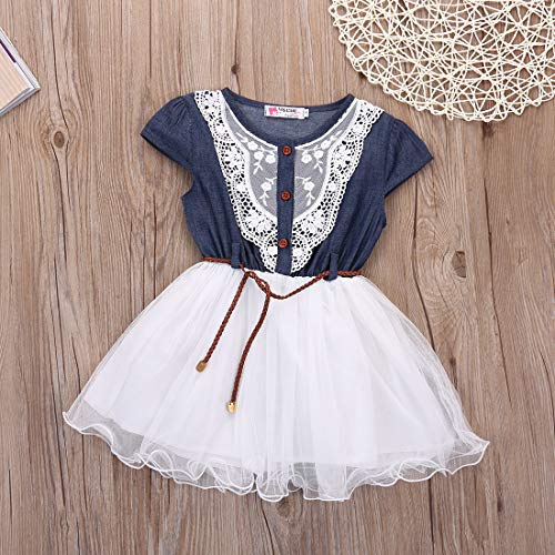 LXXIASHI Toddler Kids Baby Girls Princess Dress Denim Top Floral Tutu Skirts Stitching Clothes (4-5 Years, Lace-White)
