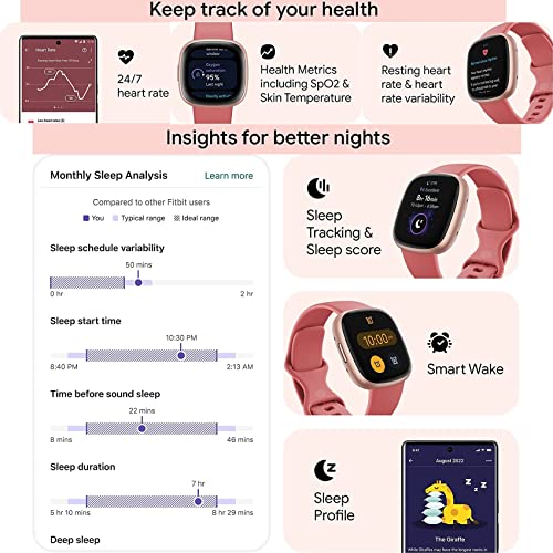 Fitbit Versa 4 Health and Fitness Smart Watch (Pink/Rose) with Built-in GPS, 6 Day Battery Life, S & L Bands, Bundle with 3.3foot Charge Cable, Wall Adapter, Screen Protectors & PremGear Cloth