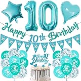 Geburtstag 10 Jahre Junge Luftballon - 28 StüCk Teal Happy Birthday Banner Folienballon Zahl Geburtstagsdeko Girlande Tortendeko Dreieckige Flagge Deko FüR Jungen 10 Jahr Party Dekorationen