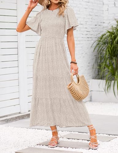 Image of ZESICA Women's 2026 Summer Boho Floral Maxi Dresses Casual Short Flutter Sleeve Smocked Tiered Flowy Dress