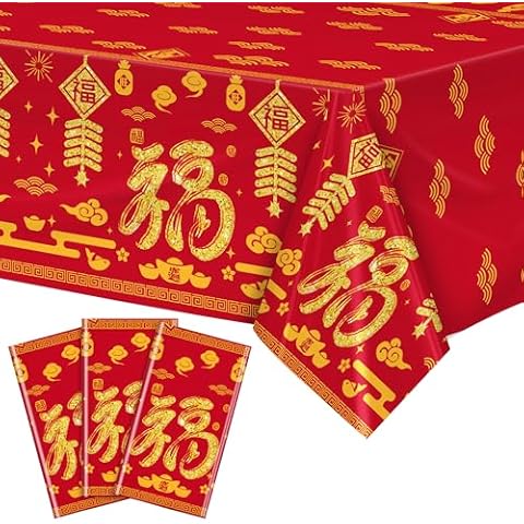 durony 3 Pieces 2025 Chinese New Year Plastic Tablecloth 54 x 108 Inch Chinese Spring Festival Waterproof Tablecover Chinese Snake New Year's Table Decor Chinese New Year Table Decor Party Supplies Cover
