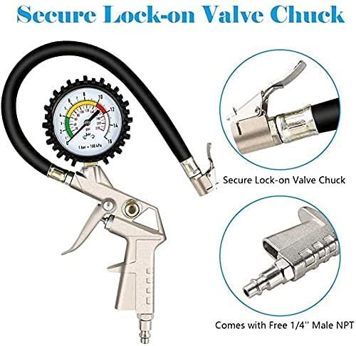 Image of Tire Inflator with Pressure Gauge 220-PSI 15 BAR Tyre Pressure GaugeAir Chack with Rubber Hose and Quick Connect (Air Pressure Guage)