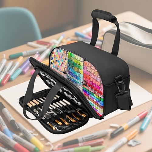 Image of Marker Organizer Case with Shoulder Strap for 180-300 Markers, Large Marker Organizer Bag with Detachable Divider for Adults, Marker Travel Holder Case Bag for Various Markers, Black