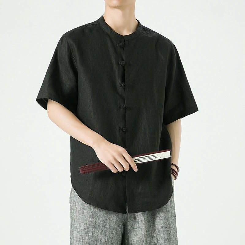 Camisa lino hombre manga corta botones de rana cuello alto traje Tang 6
