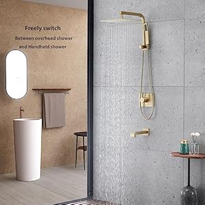 Brushed Gold Shower Fixtures, Gold Shower Faucet Set with 12 Inch Gold Shower Heads with Handheld Spray Combo and Tub Spout, Shower Systems with Rain Shower and Handheld (Valve Included) Brushed Gold Shower Fixtures Gold Shower Faucet Set with 12 Inch Gold Shower Heads with Handheld Spray Combo and Tub Spout Shower Systems with Rain Shower and Handheld Valve Included