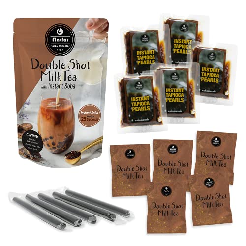 Flavfar Double Shot Milk Tea with Instant Tapioca Pearl - Authentic Extra Strong Milk Bubble Tea Flavor I Strong Milk Tea & Brown Sugar Boba I 5 Pack (Double Shot Milk Tea)