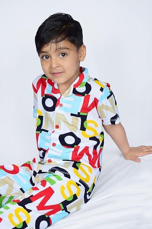 Image of 3BROS Unisex Pure Cotton Short Sleeve Kids Night Dress for Boys & Girls Nightwear /Sleepsuit /Sleepwear /Loungewear Night Suit for Boys and Girls Top and Pyjama Combo Set | JB20HS6031-Parent