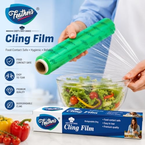 Image of Feather's Cling Film Food Wrap | Biodegradable | Multipurpose Food Wrapper | Eco-Friendly | Food Grade Quality for Sandwich, Fruit, Rolls, Lunch | Non-Stick | Microwave Safe (Pack of 2, 30m Each)