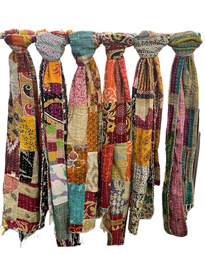 Mango Gifts Vintage Sari Kantha Work Scarf Neck Wrap Stole 100% Cotton Hand Quilted Women Scarves, Boho Fashion, Reversible, Size 18 x 72 Inch, Pack of 10 Pieces Assorted Mix