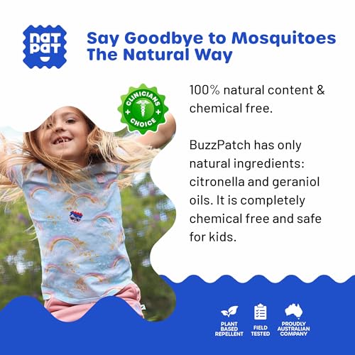 natpat buzz patch mosquito patch stickers for kids - plant based ingredients non-toxic - the original all natural citronella essential oil insect patch deet free for toddlers kids 60 pack