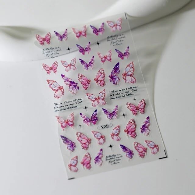 VIKSON INTERNATIONAL 5D Pink Purple Butterfly Self Adhesive Pre-Glued Waterproof Non-Toxic Professional Quality Pre Designed Long Artificial Fake Nail Decals Wraps Stickers. (Pink)-image-26
