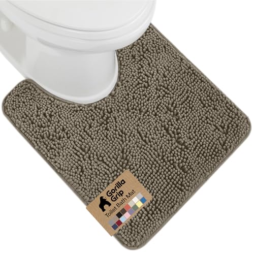 Image of Gorilla Grip Shaggy Chenille Bath Rug Mat for Toilet Base, Machine Washable, Microfiber Dries Quickly, Plush Absorbent Contour Mats for Toilets, Bathroom Decor, Oval U-Shape, 22'' x 19'' x 15'', Latte