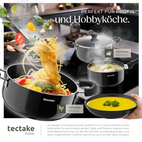 tectake® Küchenstarterset 6 Personen, Steingut Geschirr Set, Teller, 4 Töpfe 2 Pfannen rostfreies Aluminium, Kochtopf Set, Töpfe Set, kratzfest, leichte Reinigung, 5 Küchenwerkzeuge - schwarz, 45-tlg