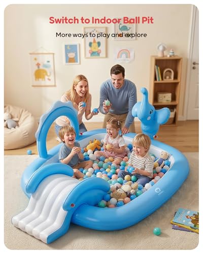 QPAU Elephant Kids Pool with Slide and Sprinkler, Inflatable Play Center with 4 Rings, 72 × 64 × 37 in, Fast Inflation Kiddie Pool for Garden & Backyard, Birthday Gift for Ages 1+ (Blue) - image 5