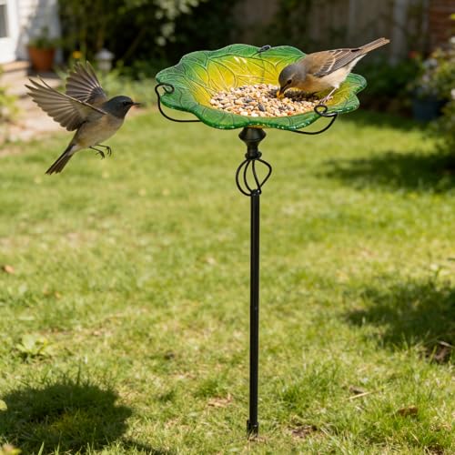 Image of HONGLAND Bird Baths for Outside,11 inch Small Green Glass Birdbaths Outdoor,Detachable Bird Feeder with Metal Stake for Garden Yard Patio Decor,30 inch Height