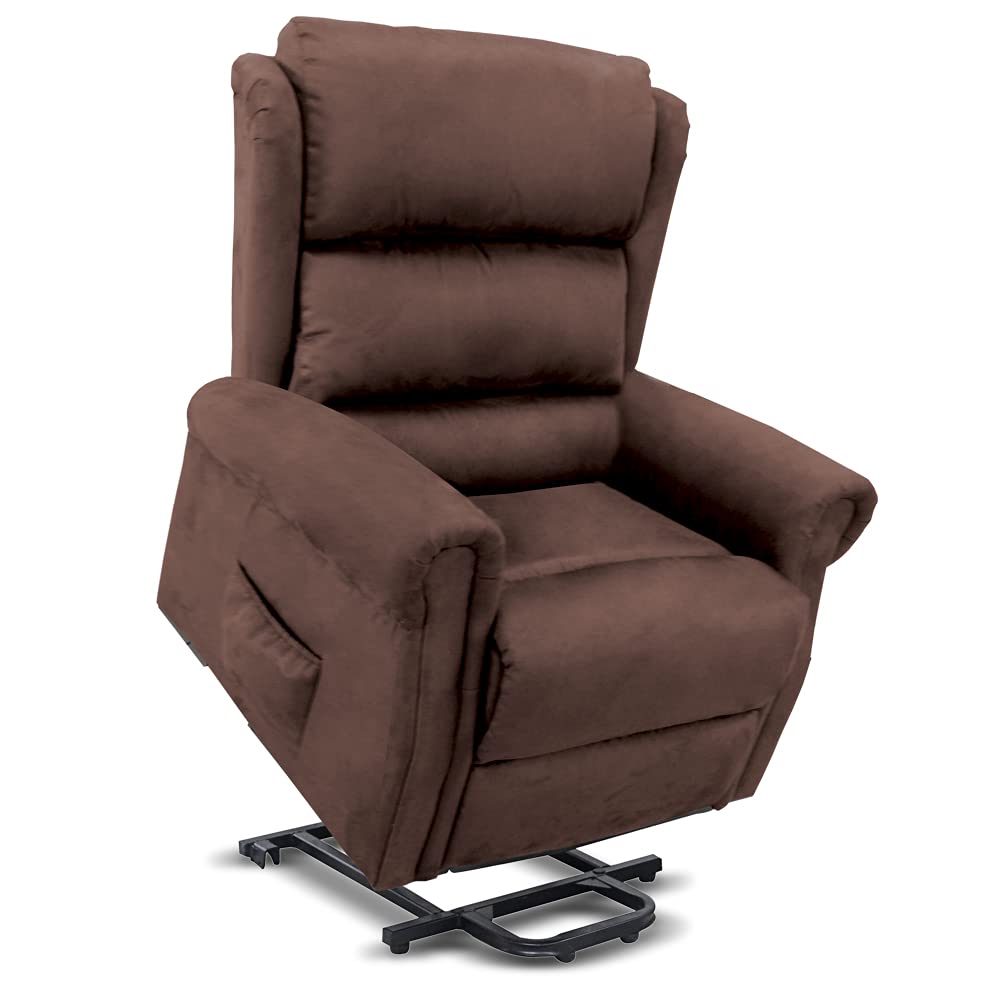 gridinlux® | Sillón Eléctrico Relax | Levanta Personas | Reclinable y Elevación automática con Mando | Orejero Piel sintética Nobuk Marrón | Calor Lumbar | 8 Motores y 4 Zonas de Masaje | 2 Mandos