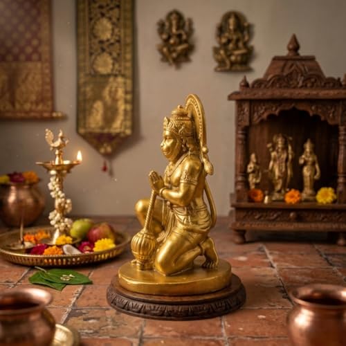 Image of Divine Hanuman Ji Idol in Golden Finish | Kneeling Pose Hanuman Murti for Home Temple Pooja Room Decor | Resin Bajrangbali Figurine for Devotional Gift & Spiritual Strength Display