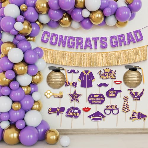 Image of Graduation Decorations 2026 | Purple and Gold Graduation Balloons Arch Set - Huge Pack of 67 | Congrats Grad Banner, Graduation Photo Props | Grad Party Supplies | KatchOn